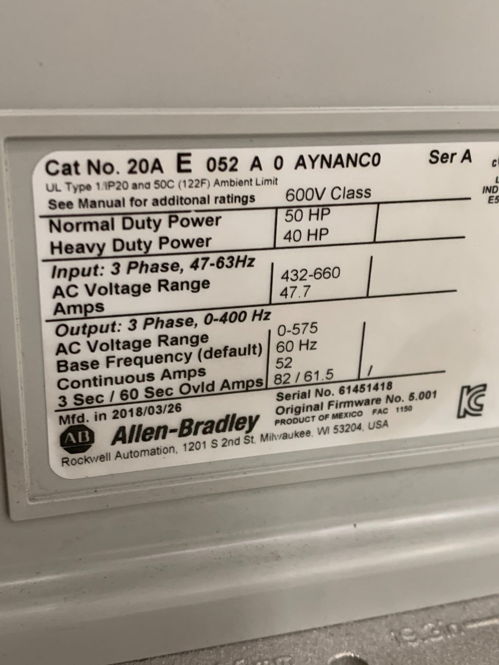 ALLEN BRADLEY POWER FLEX 70 20A E 052 A 0 AYNANCO SER A 40/50 HP2