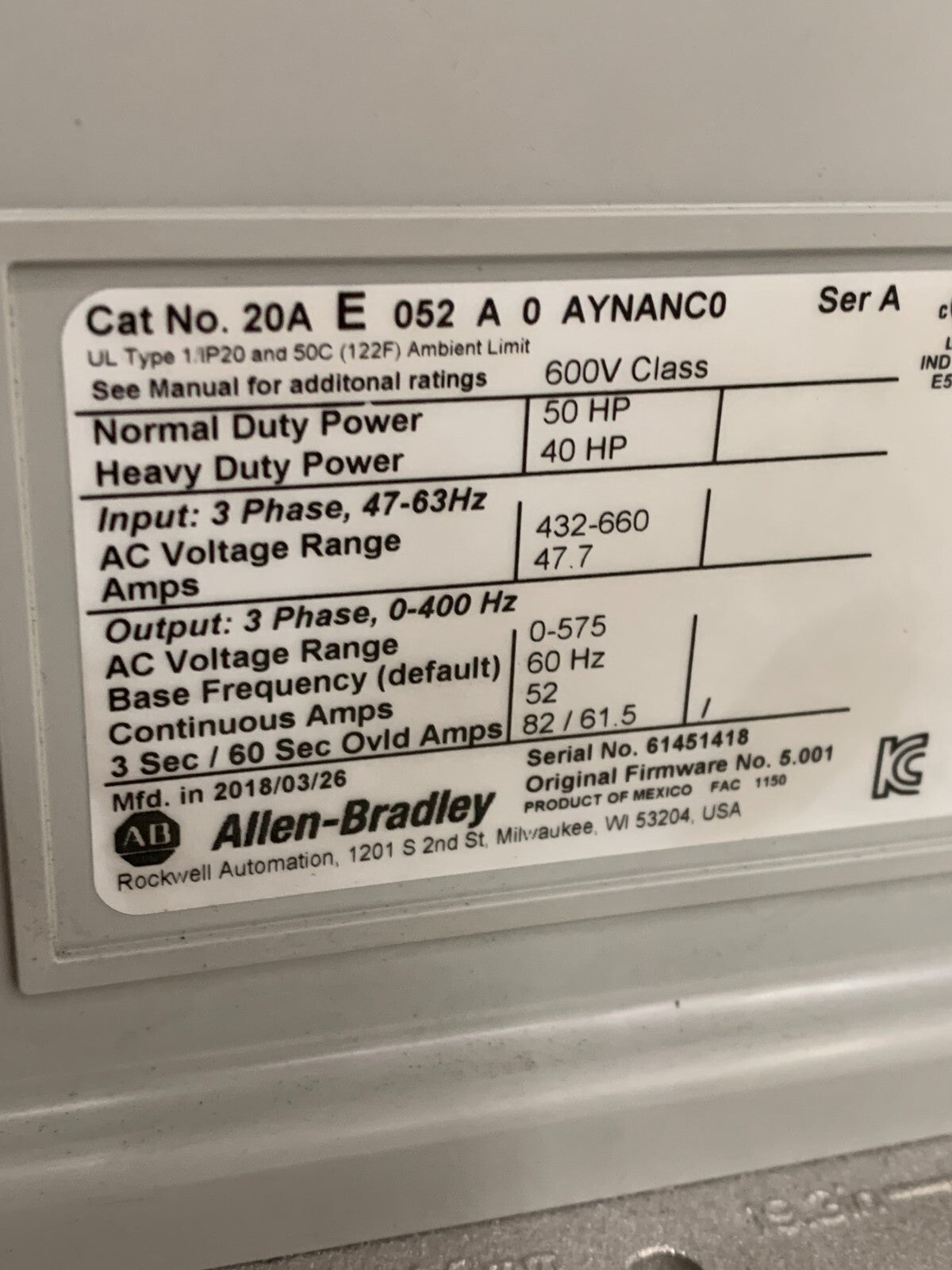 ALLEN BRADLEY POWER FLEX 70 20A E 052 A 0 AYNANCO SER A 40/50 HP2