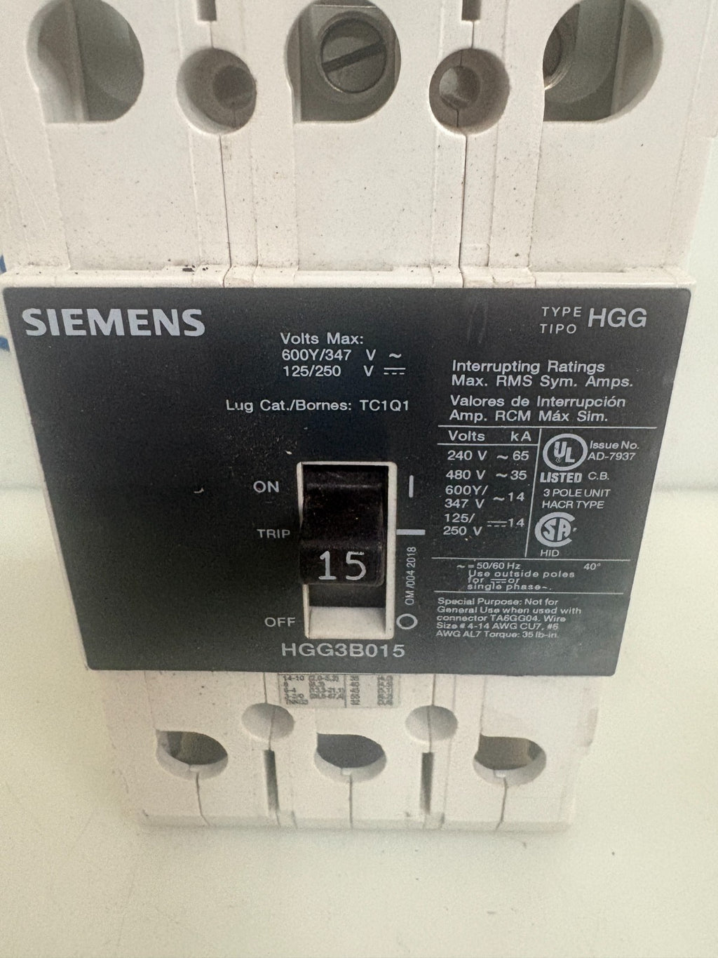 SIEMENS HGG 15 AMP CIRCUIT BREAKER HGG3B0151