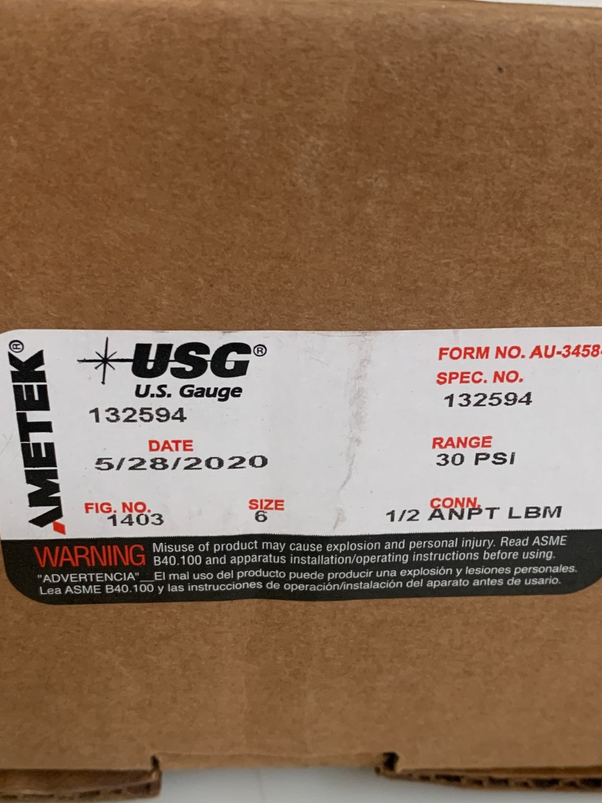 AMETEK USG GAUGE 6" 0-30 PSI #132594 MEL