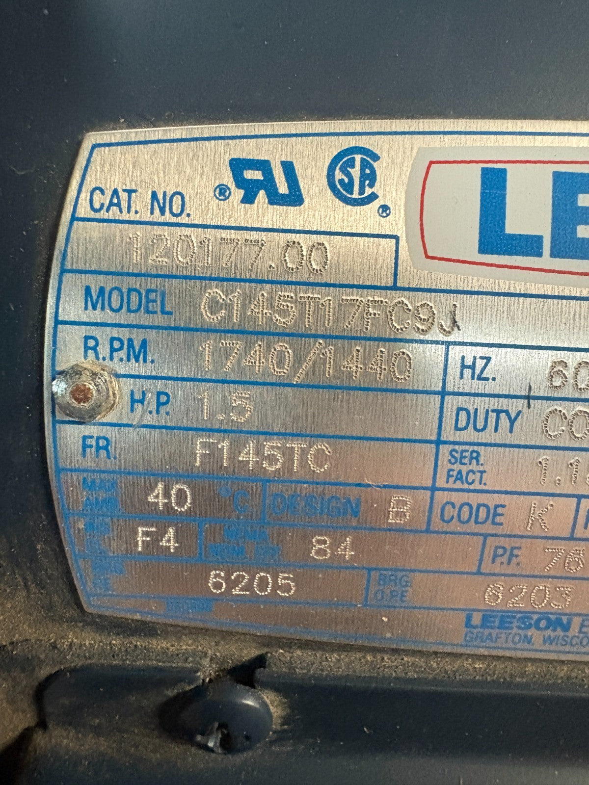 LEESON 1.5HP MOTOR MODEL 0145T17F09J CAT: 120 177.00 2