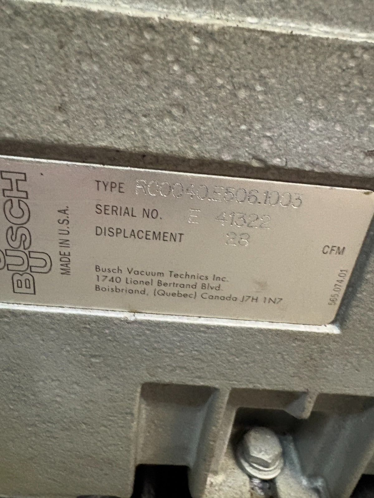 BUSCH ROTARY VANE VACUUM PUMP RC 0040-E506.1003 W/TOSHIBA MOTOR