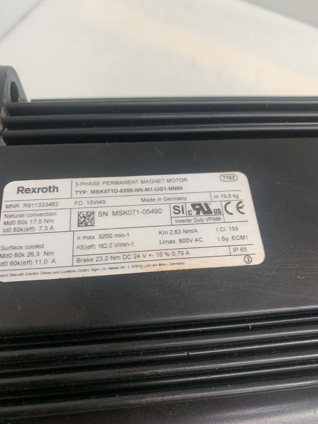 REXROTH 3-PHASE PERMANENT MAGNETIC MOTOR MSK071D-0200-NN-M1-UG1-NN042