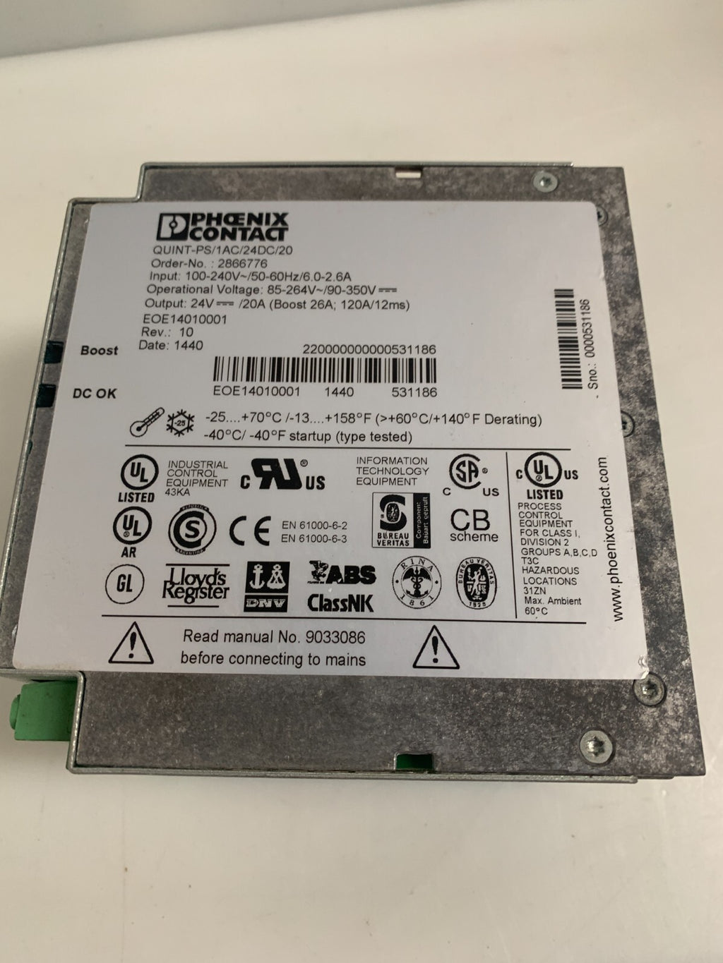 PHOENIX CONTACT QUINT POWER SUPPLY QUINT-PS/1AC/24DC/20 #28667763