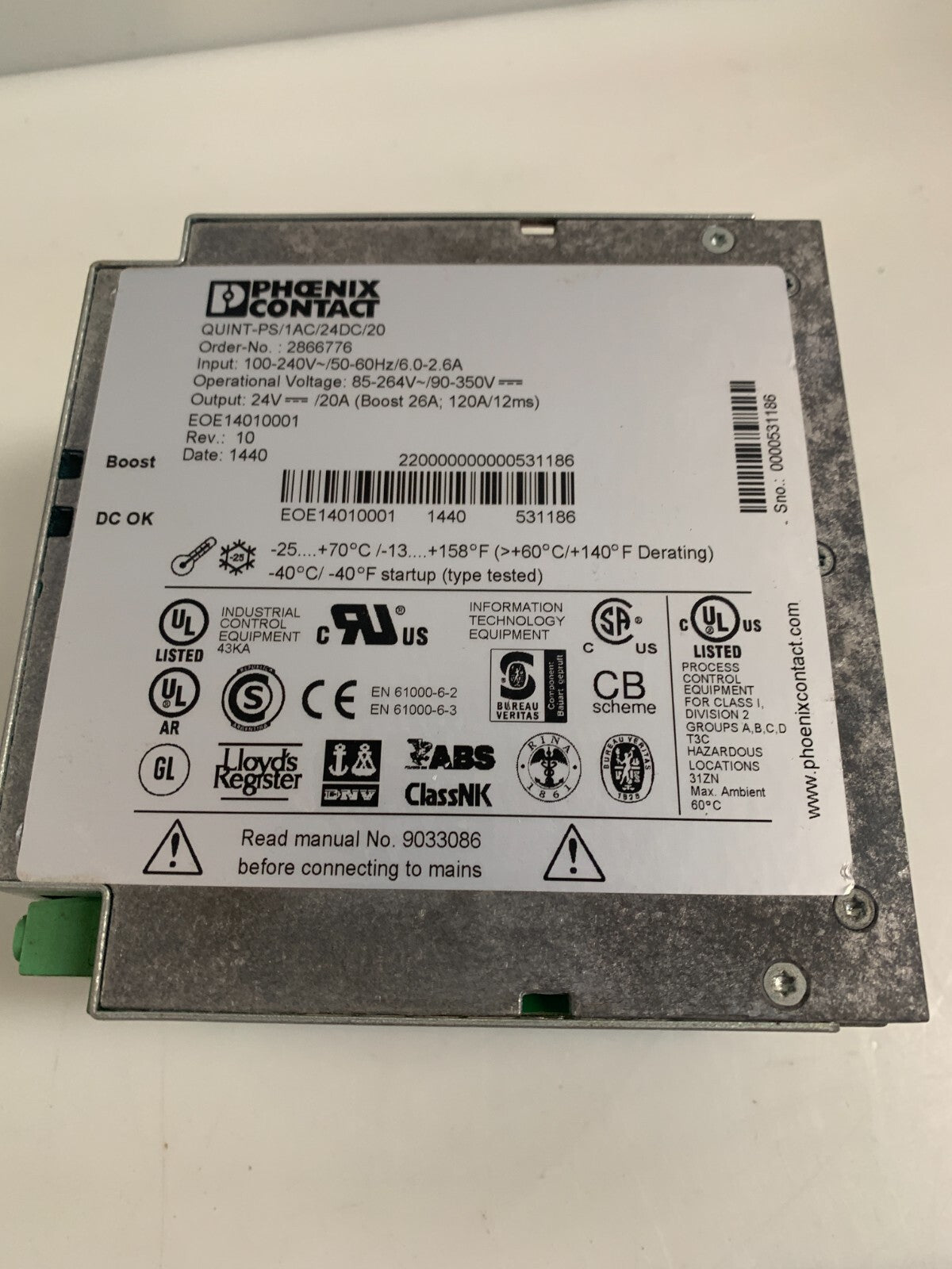 PHOENIX CONTACT QUINT POWER SUPPLY QUINT-PS/1AC/24DC/20 #28667763