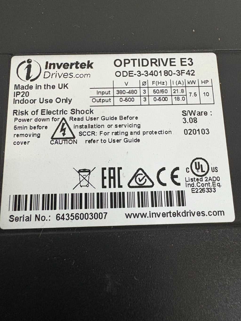 INVERTEK DRIVES OPTIDRIVE E3 ODE-3-340180-3F425