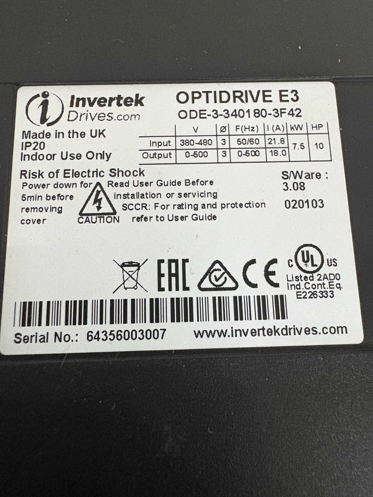 INVERTEK DRIVES OPTIDRIVE E3 ODE-3-340180-3F425