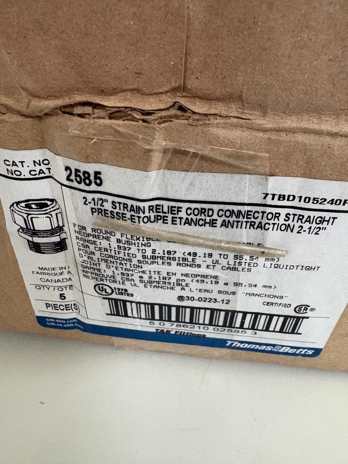 ABB THOMAS & BETTS LIQUIDTIGHT STRAIN RELIEF 2 1/2 #2585 BOX OF 53