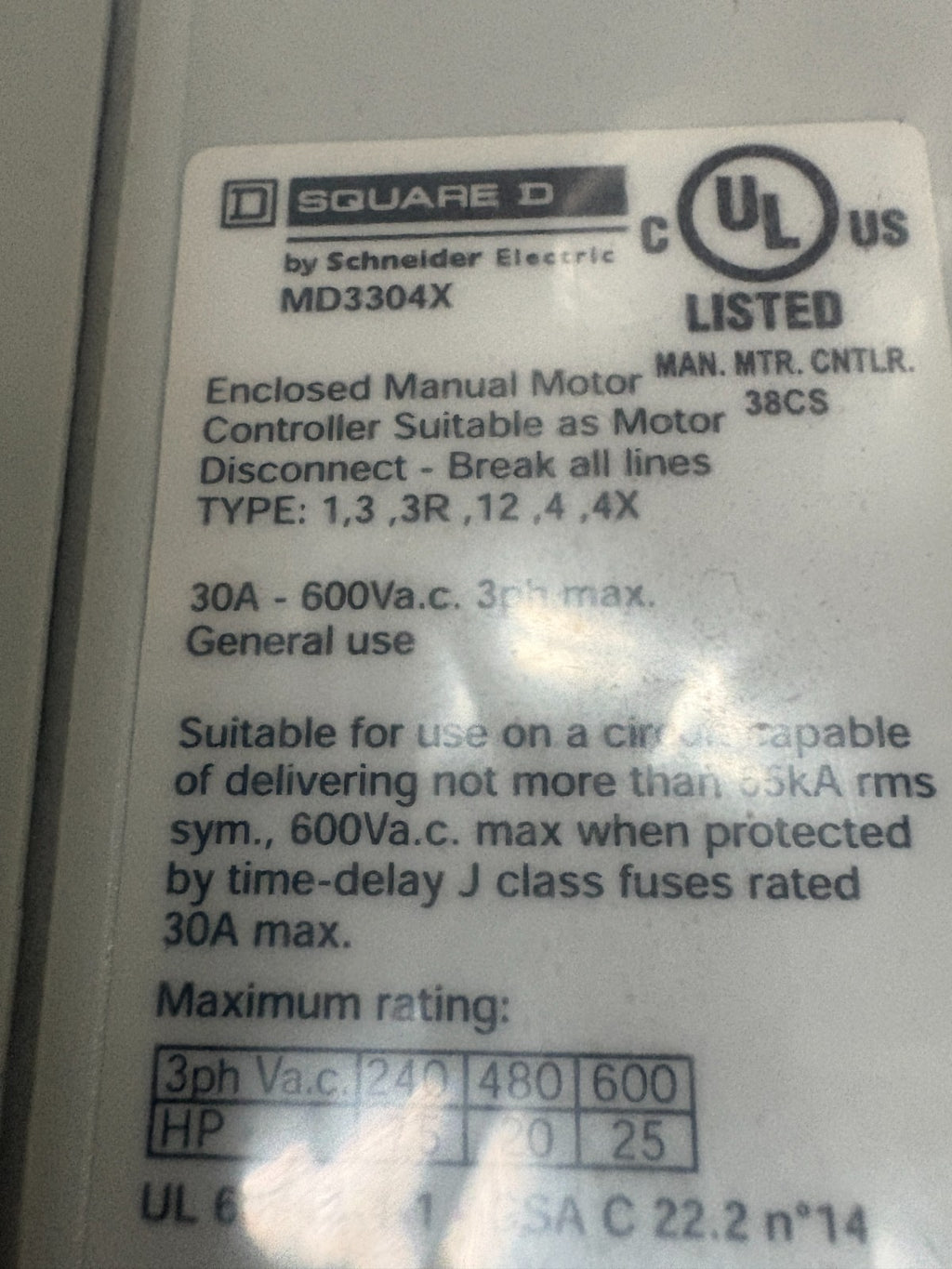 SCHNEIDER SQUARE D MOTOR DISCONNECT SWITCH MD3304X