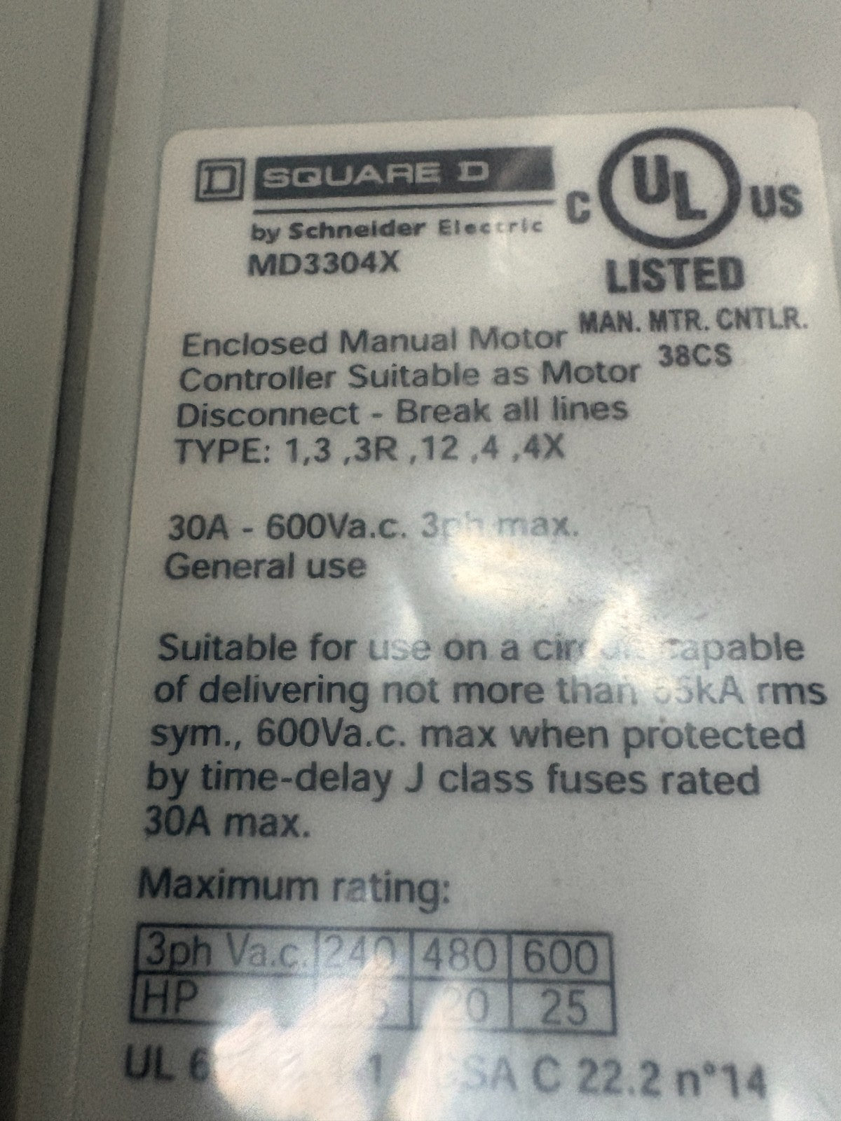 SCHNEIDER SQUARE D MOTOR DISCONNECT SWITCH MD3304X