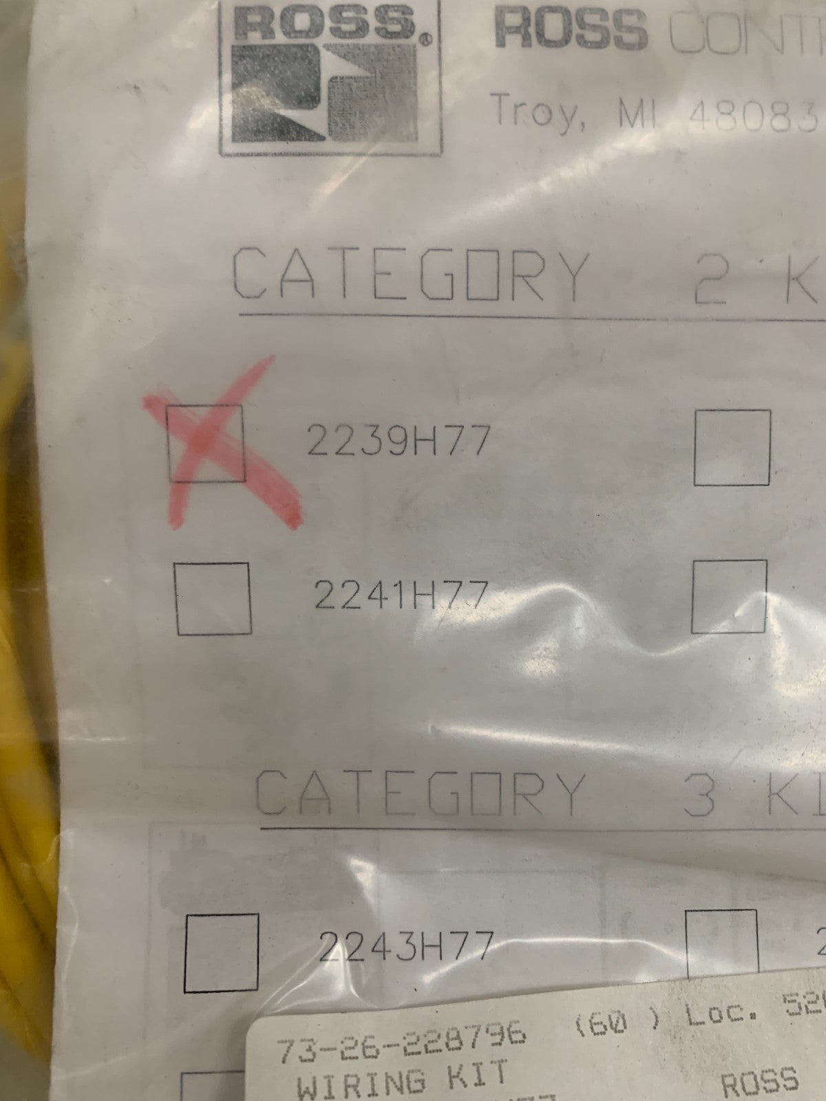 ROSS CONTROLS CATEGORY KITS PNEUMATIC VALVE CONNECTOR CABLE 2239 H771