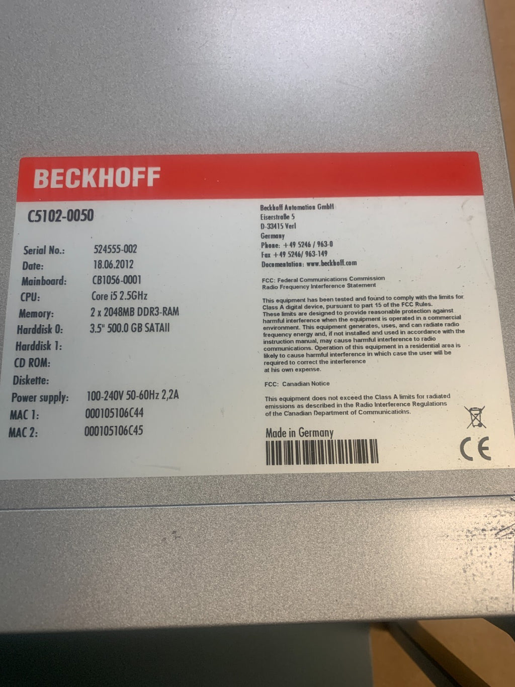 BECKHOFF C5102-0050 Operation Computer Core i5