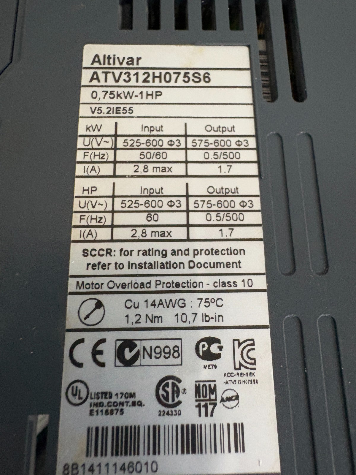 SCHNEIDER ALTIVAR ATV312H075S6 MOTOR DRIVE 1HP