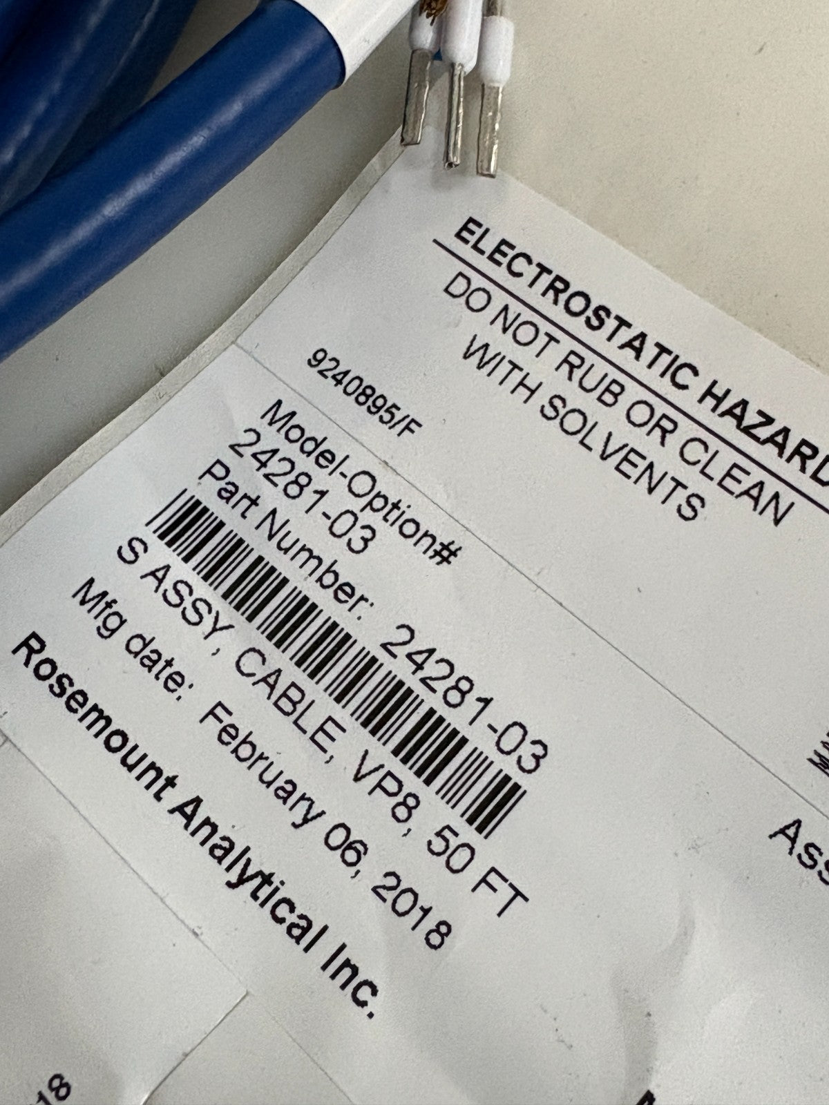 ROSEMOUNT ANALYTICAL ASSY CABLE VP8 50FT #24281-03