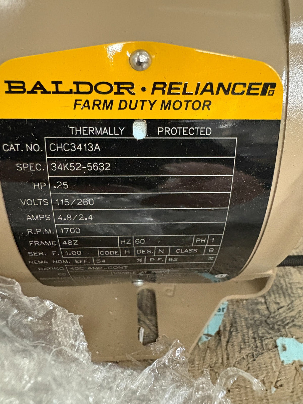 ABB MOTORS BALDOR RELIANCER FARM DUTY MOTOR .25HP CHC3413A 34K52-56321