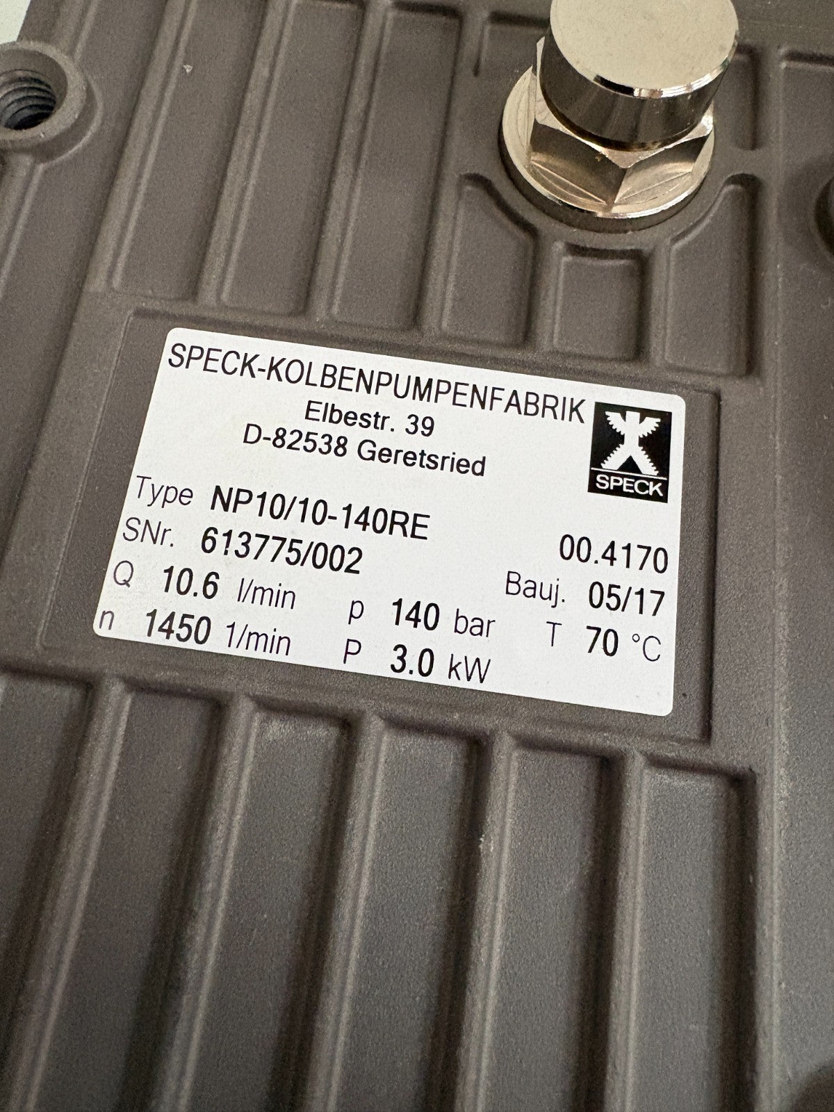 SPECK TRIPLEX HIGH PRESSURE PUMP TYPE NP10/10-140 RE