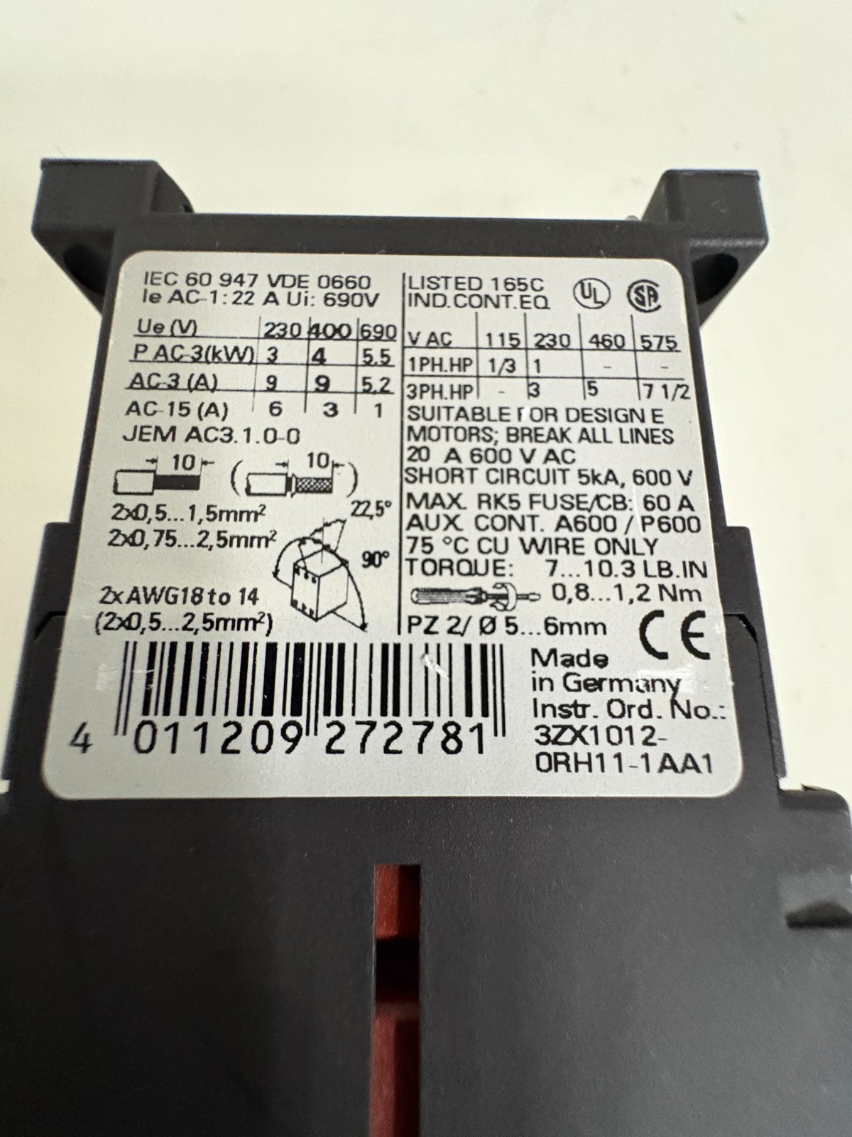 SIEMENS CONTACTOR 3RT1016-1KB41 G/991129-E0