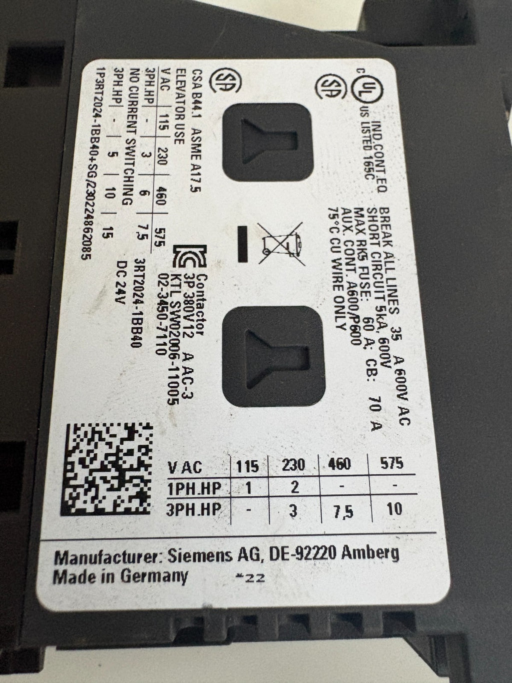 LOT OF 2 SIEMENS CONTACTOR 3RT2024-1BB40