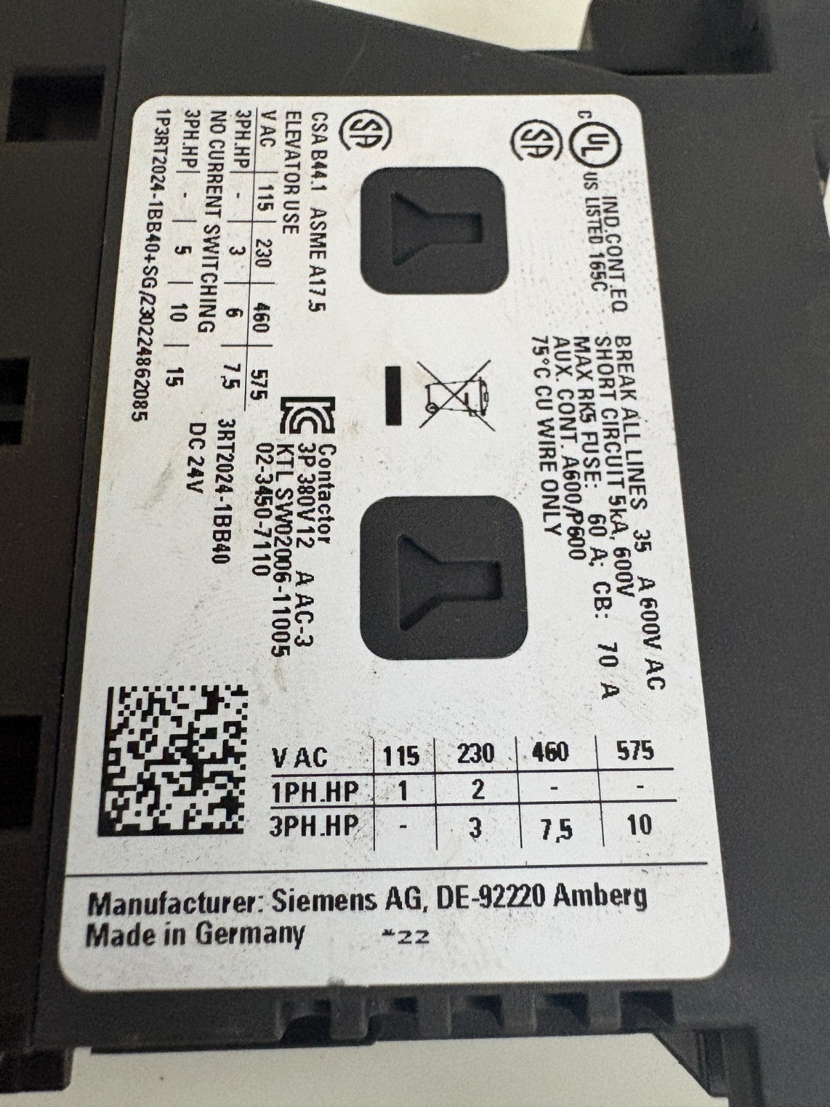 LOT OF 2 SIEMENS CONTACTOR 3RT2024-1BB40