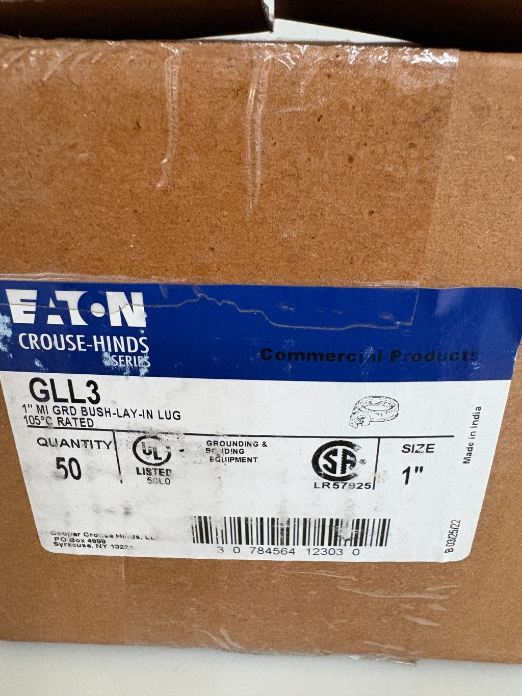 EATON CROUSE-HINDS 1" MI GROUND BUSH LAY-IN LUG #GLL3 50 PER BOX3