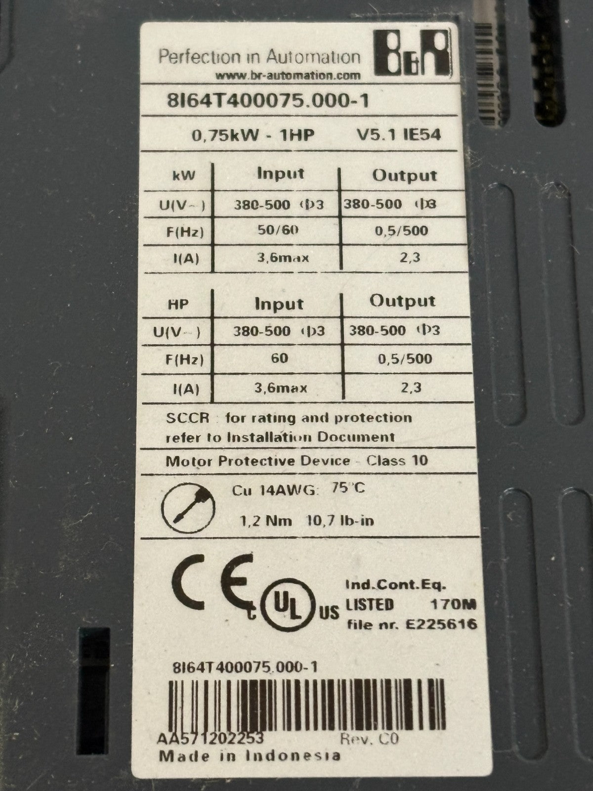 B & R AC DRIVE 1HP 8I64T400075.000-13