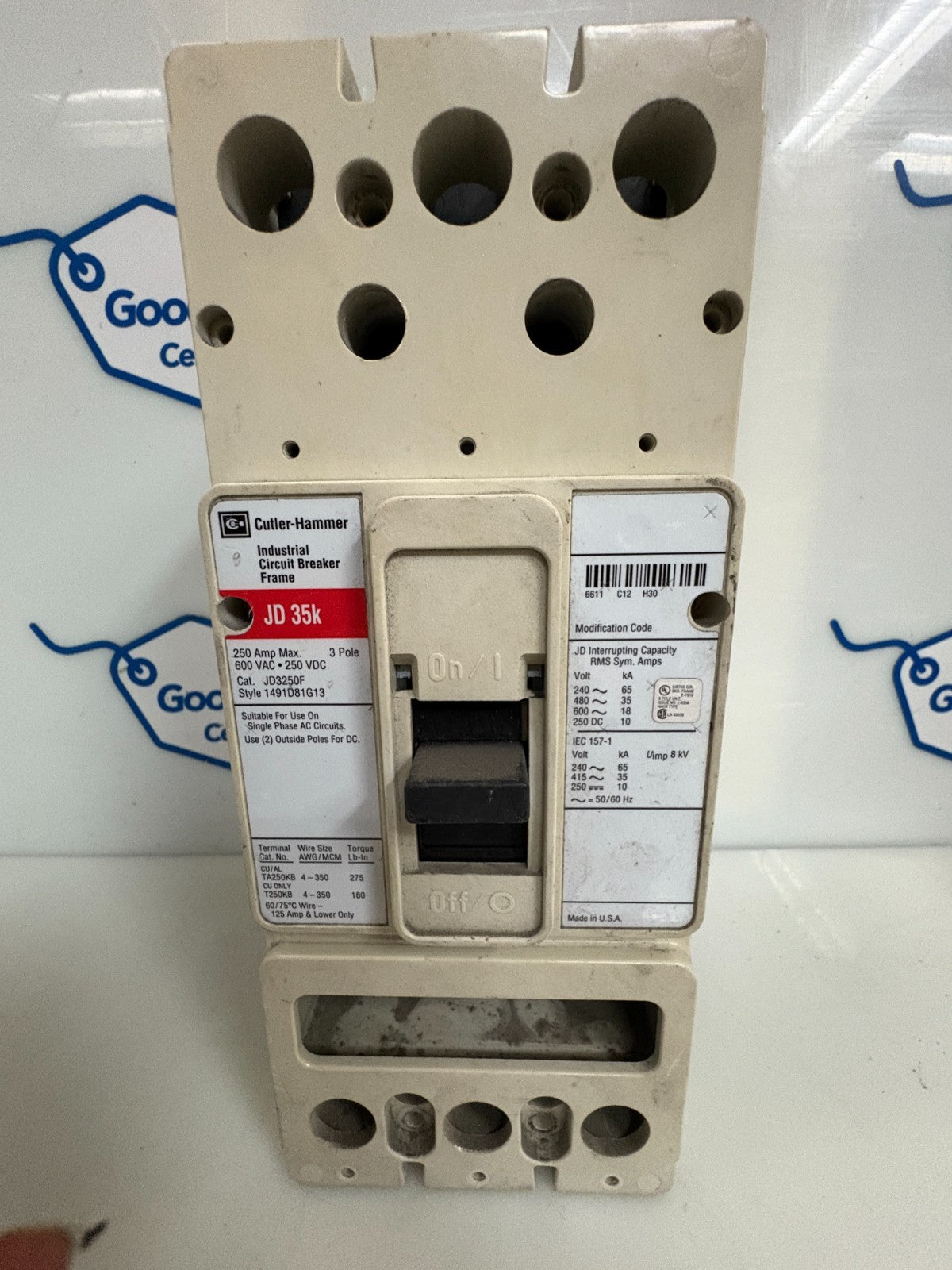 EATON CUTLER HAMMER JD35K CIRCUIT BREAKER 250 AMP JD 3250F #1491D81G13