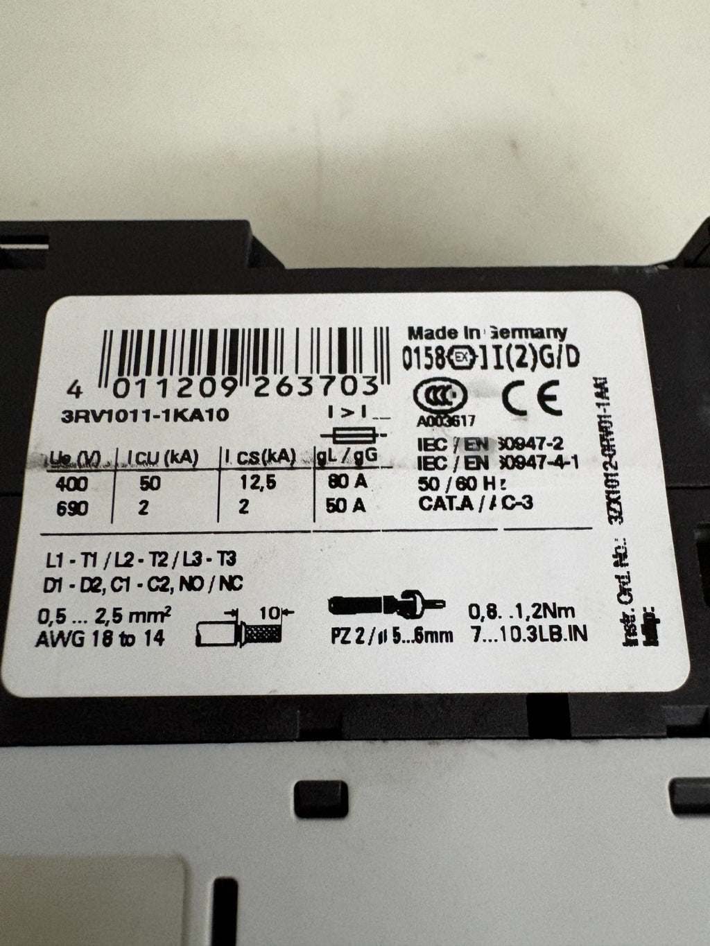 SIEMENS MOTOR CIRCUIT BREAKER 3RV1011-1KA10