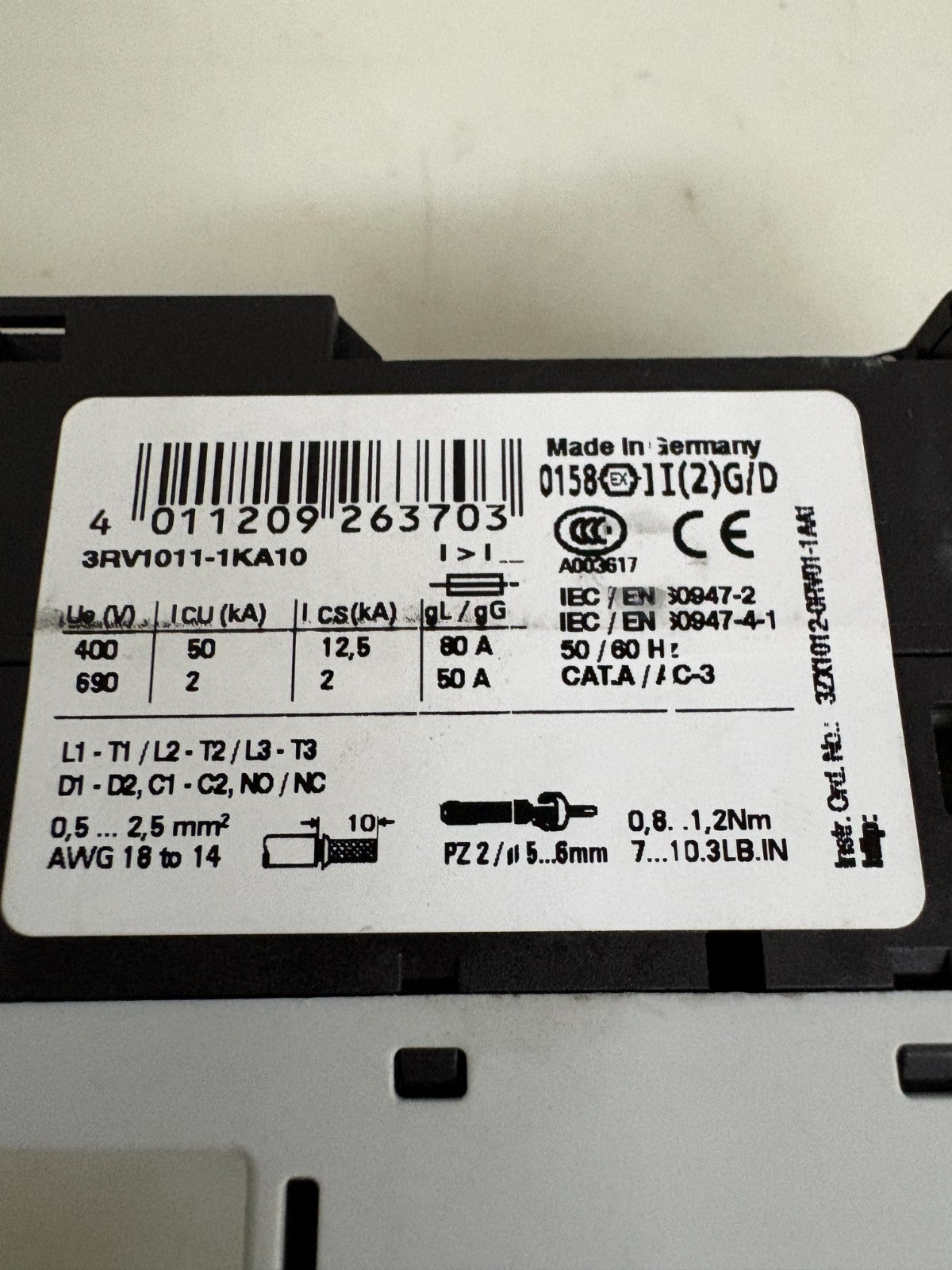 SIEMENS MOTOR CIRCUIT BREAKER 3RV1011-1KA10