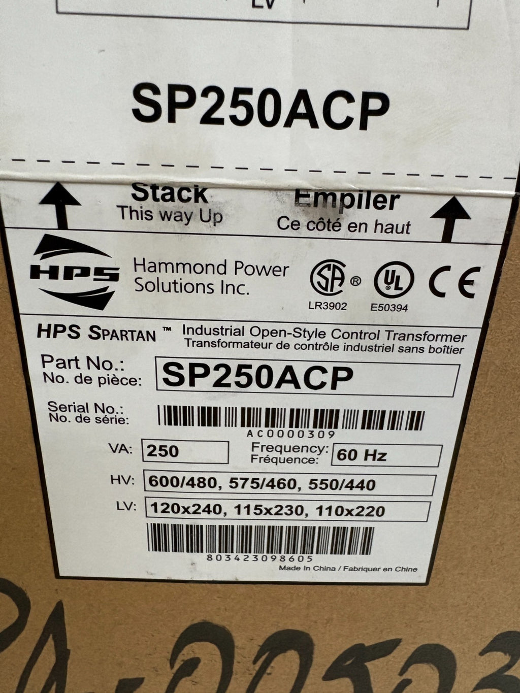 HAMMOND POWER SOLUTIONS HPS SPARTAN CONTROL TRANSFORMER SP250ACP