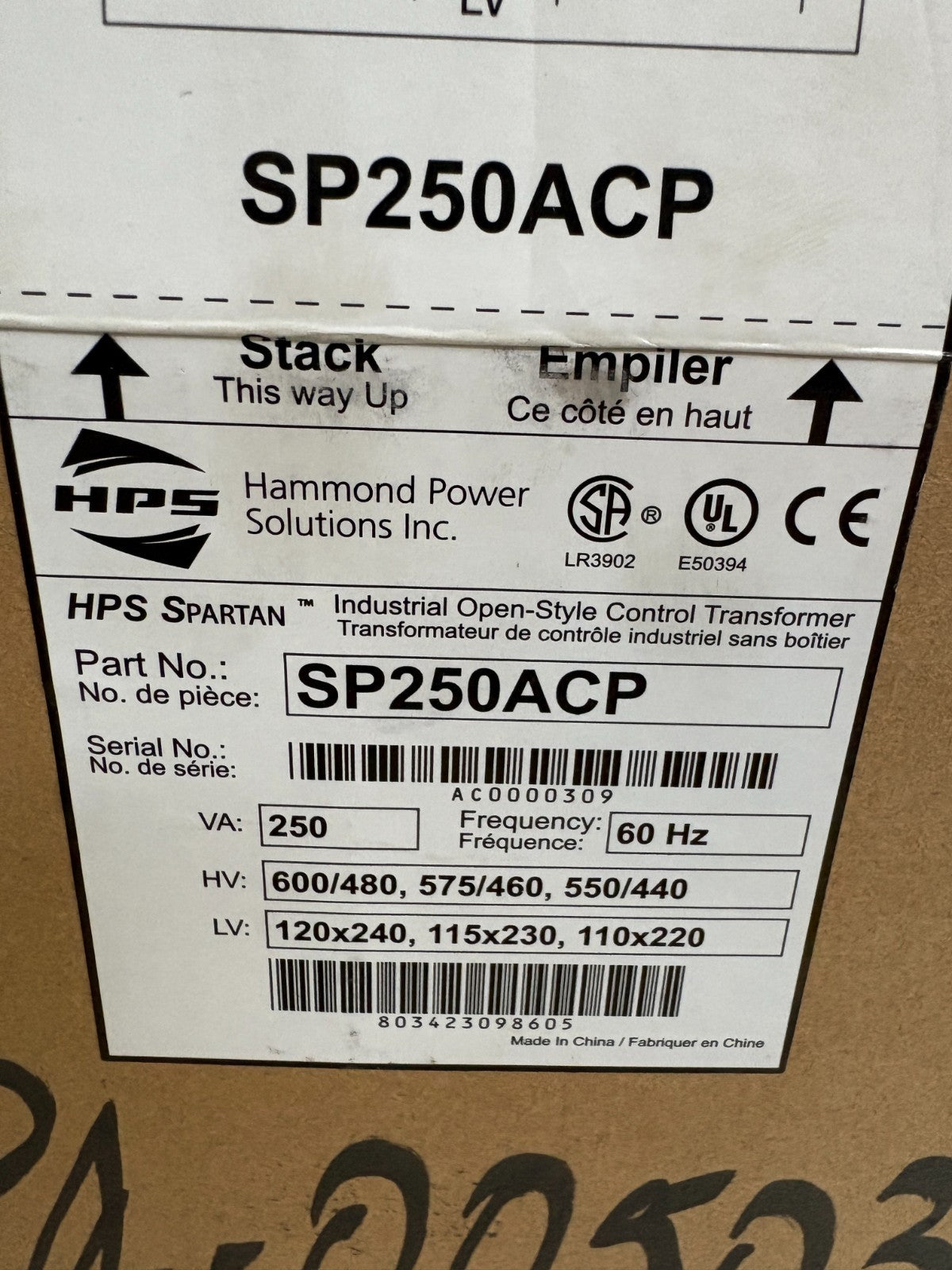 HAMMOND POWER SOLUTIONS HPS SPARTAN CONTROL TRANSFORMER SP250ACP