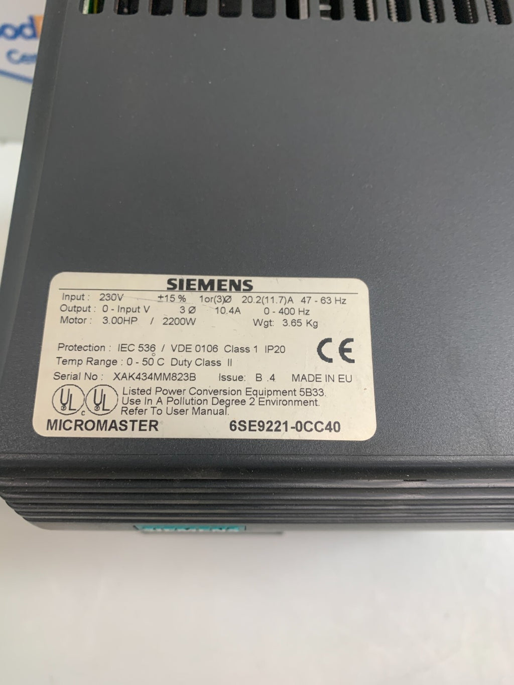 SIEMENS MICROMASTER 6SE92210CC40