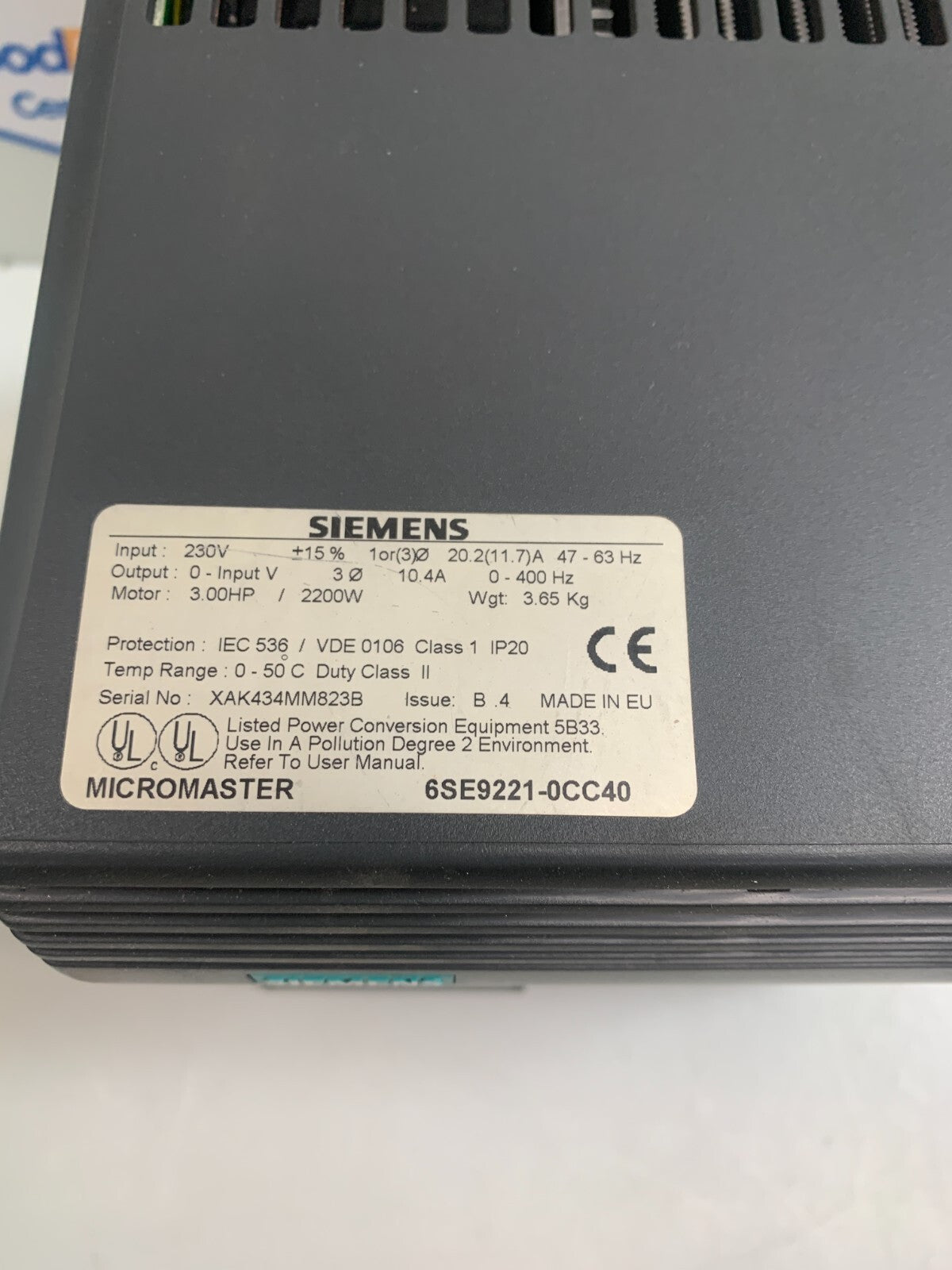 SIEMENS MICROMASTER 6SE92210CC40