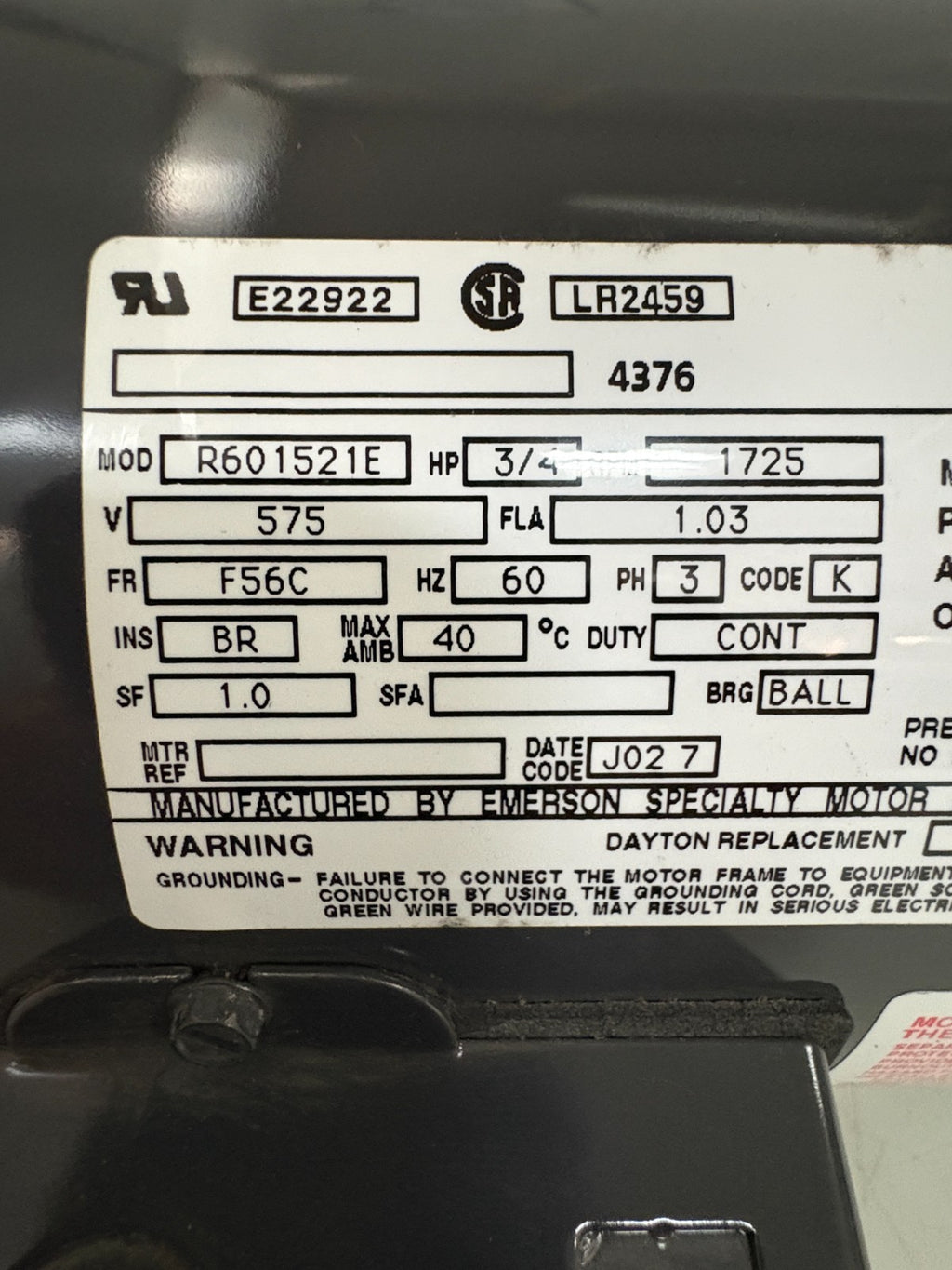 EMERSON 3/4 HP 1725 RPM MOTOR R601521 E 3