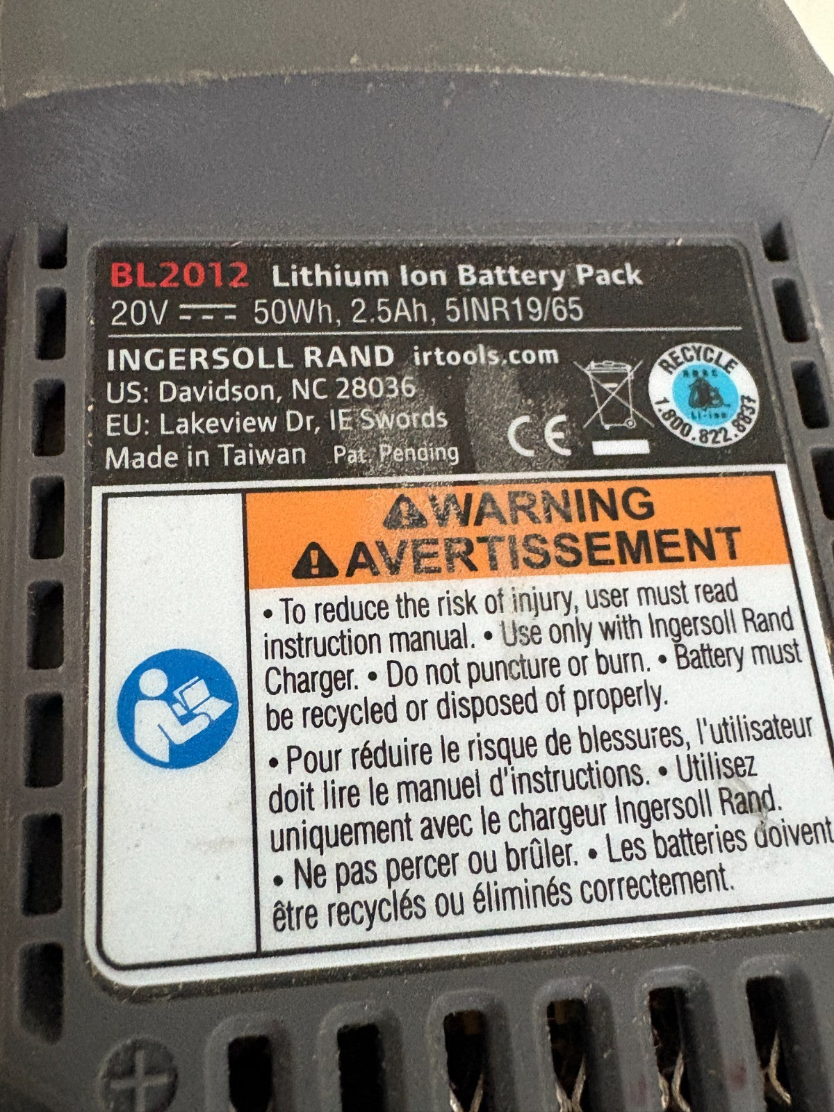 LOT OF 3 INGERSOLL RAND BL2012 LITHIUM ION 20V 2.5A BATTERY PACK2
