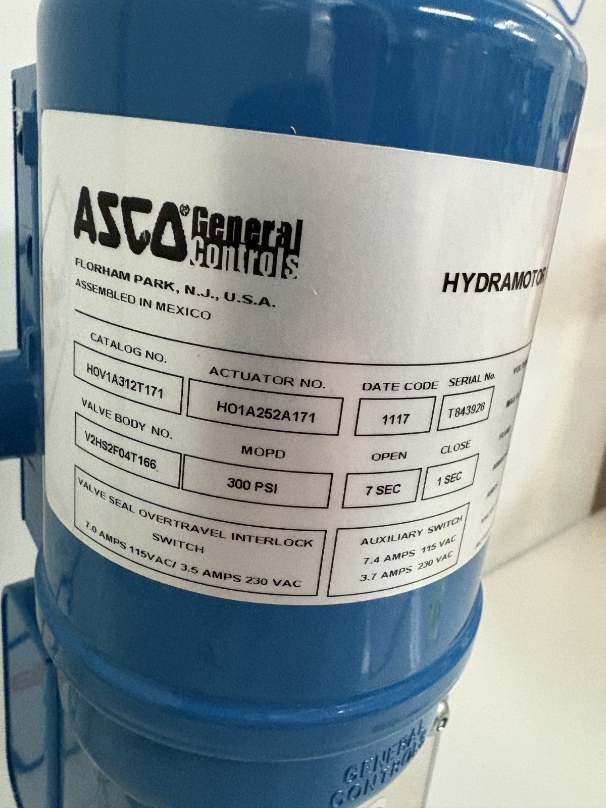 ASCO GENERAL CONTROLS HYDRAMOTOR 1" VALVE 300 PSI H0V1A312T171