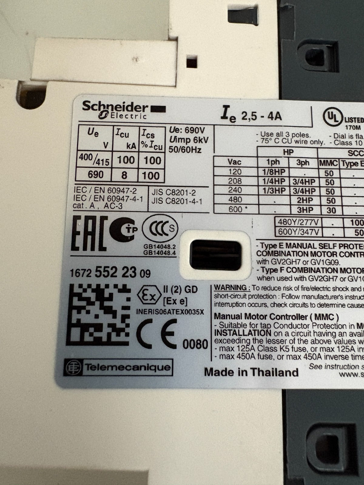 LOT OF 2 SCHNEIDER MOTOR STARTER CIRCUIT BREAKER GV2-P08/2.5-4A2