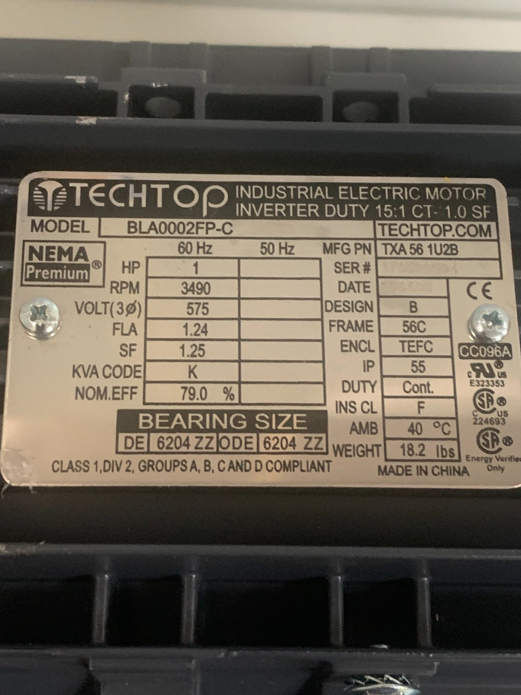 TECHTOP INVERTER DUTY 15.1 CT - 10 SF MOTOR BLA 0002FP-C1