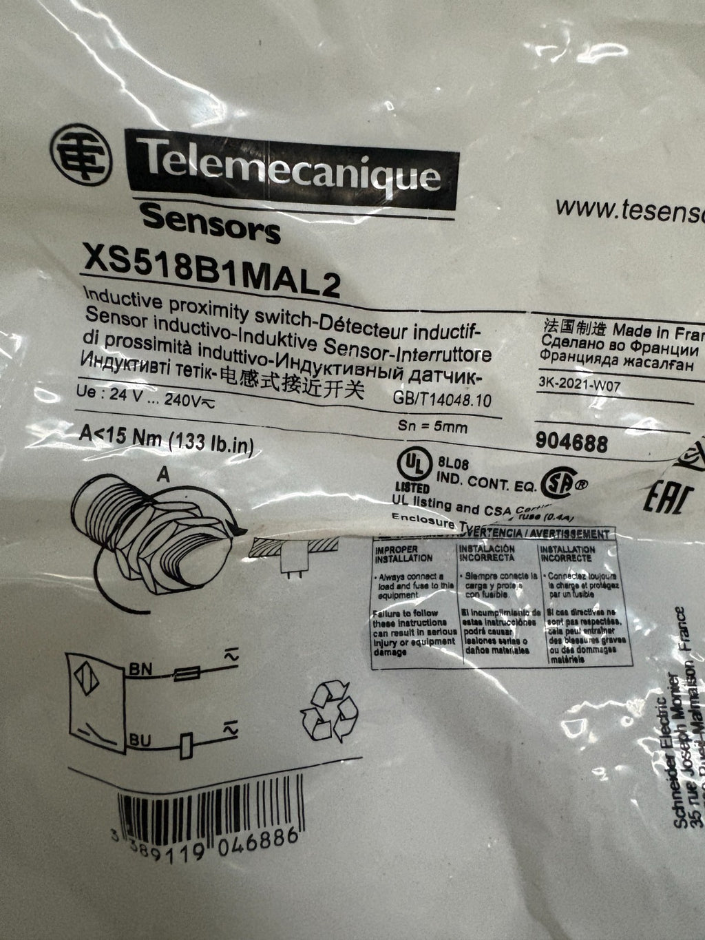 TELEMECANIQUE INDUCTIVE PROXIMITY SWITCH SENSOR XS518B1MAL21