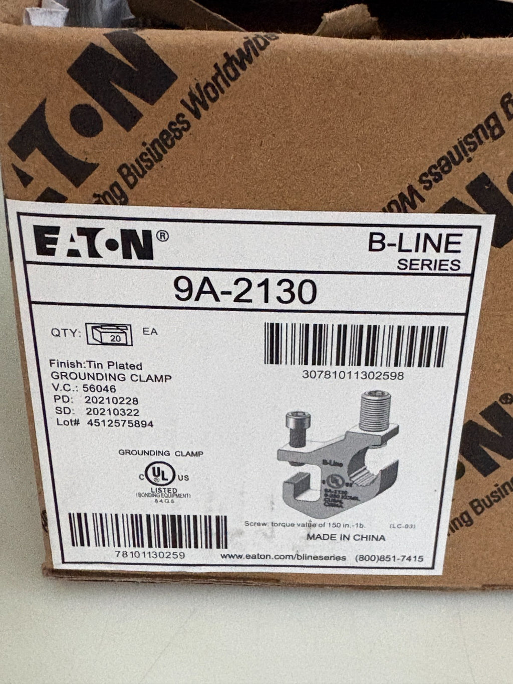 LOT OF 20 BOX EATON GROUNDING CLAMP 9A-21303