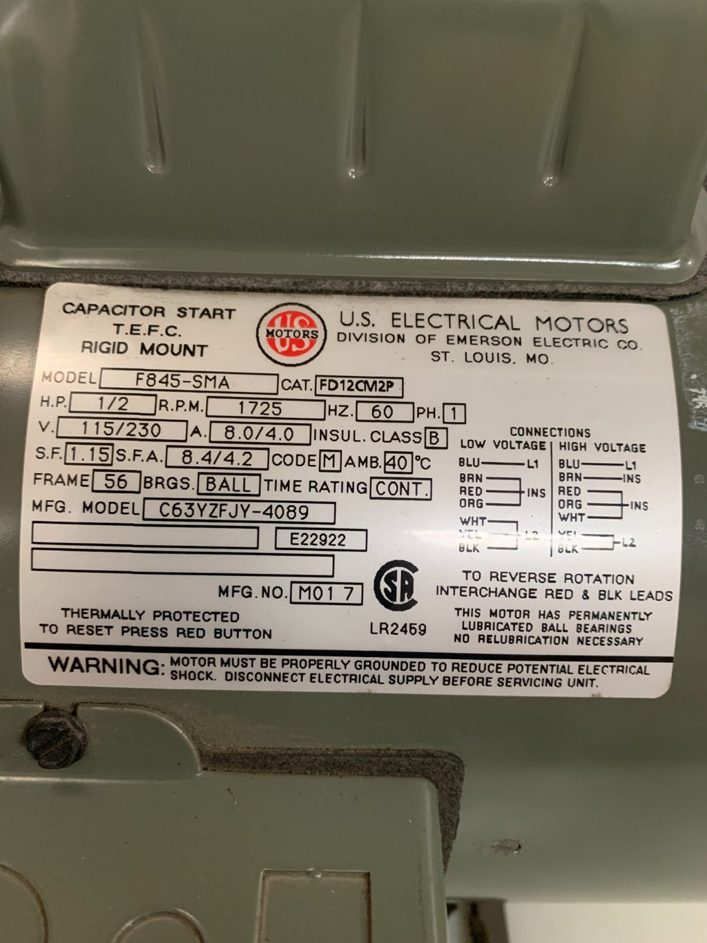 US MOTORS 1/2 HP 1725 RPM MODEL F845-SMA CAT FD12CM2P
