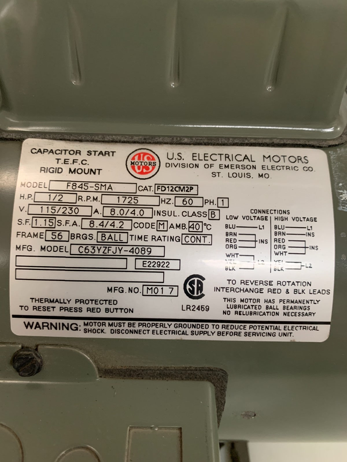 US MOTORS 1/2 HP 1725 RPM MODEL F845-SMA CAT FD12CM2P