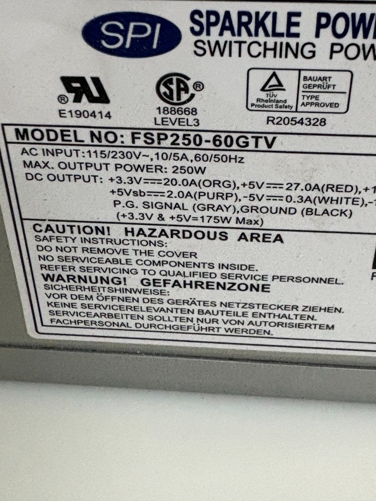 SPI SPARKLE POWER SWITCHING POWER SUPPLY FSP250-60 GTV