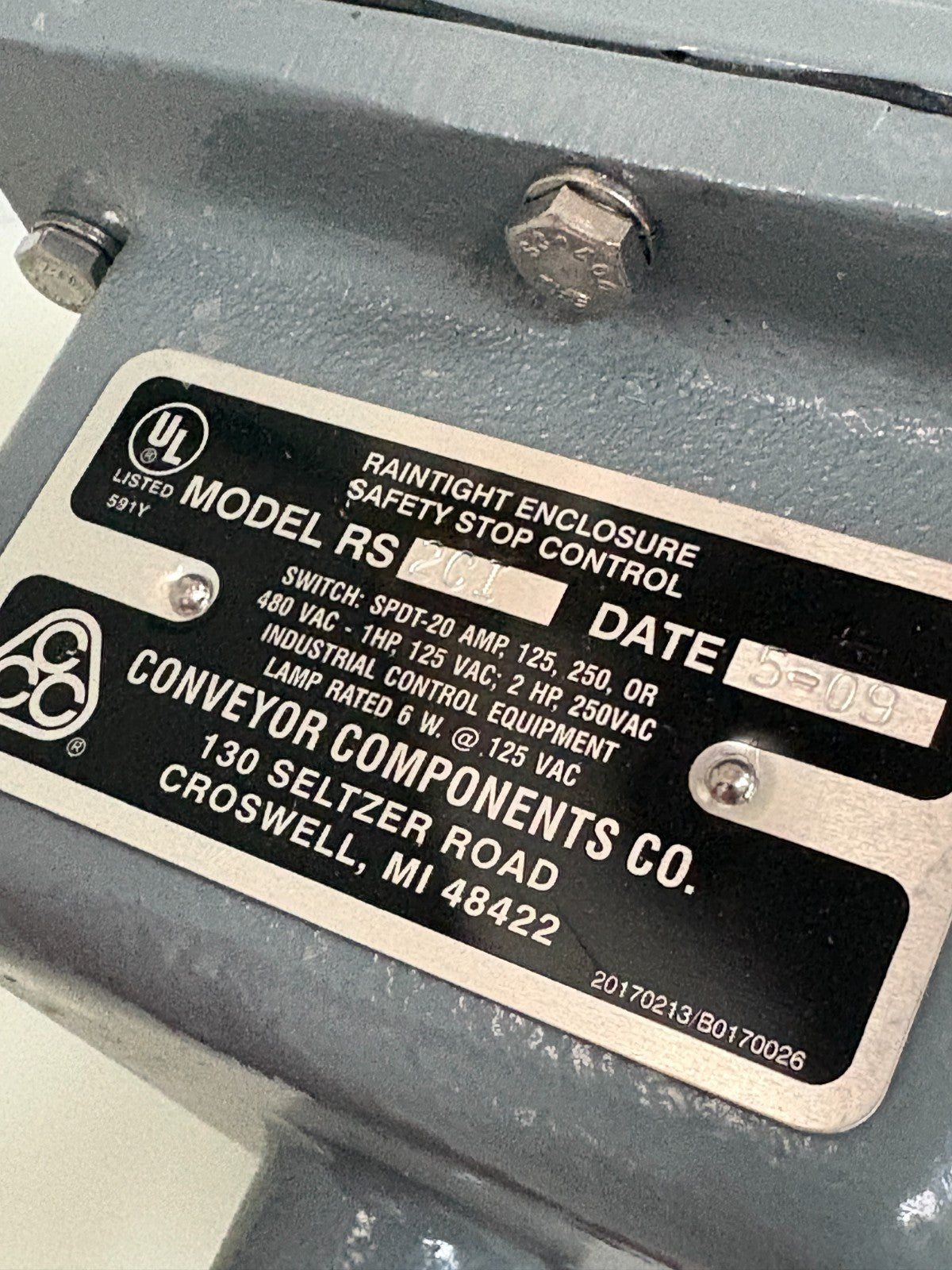 CONVEYOR COMPONENTS CO RAINTIGHT ENCLOSURE SAFETY STOP CONTROL RS 2CI3