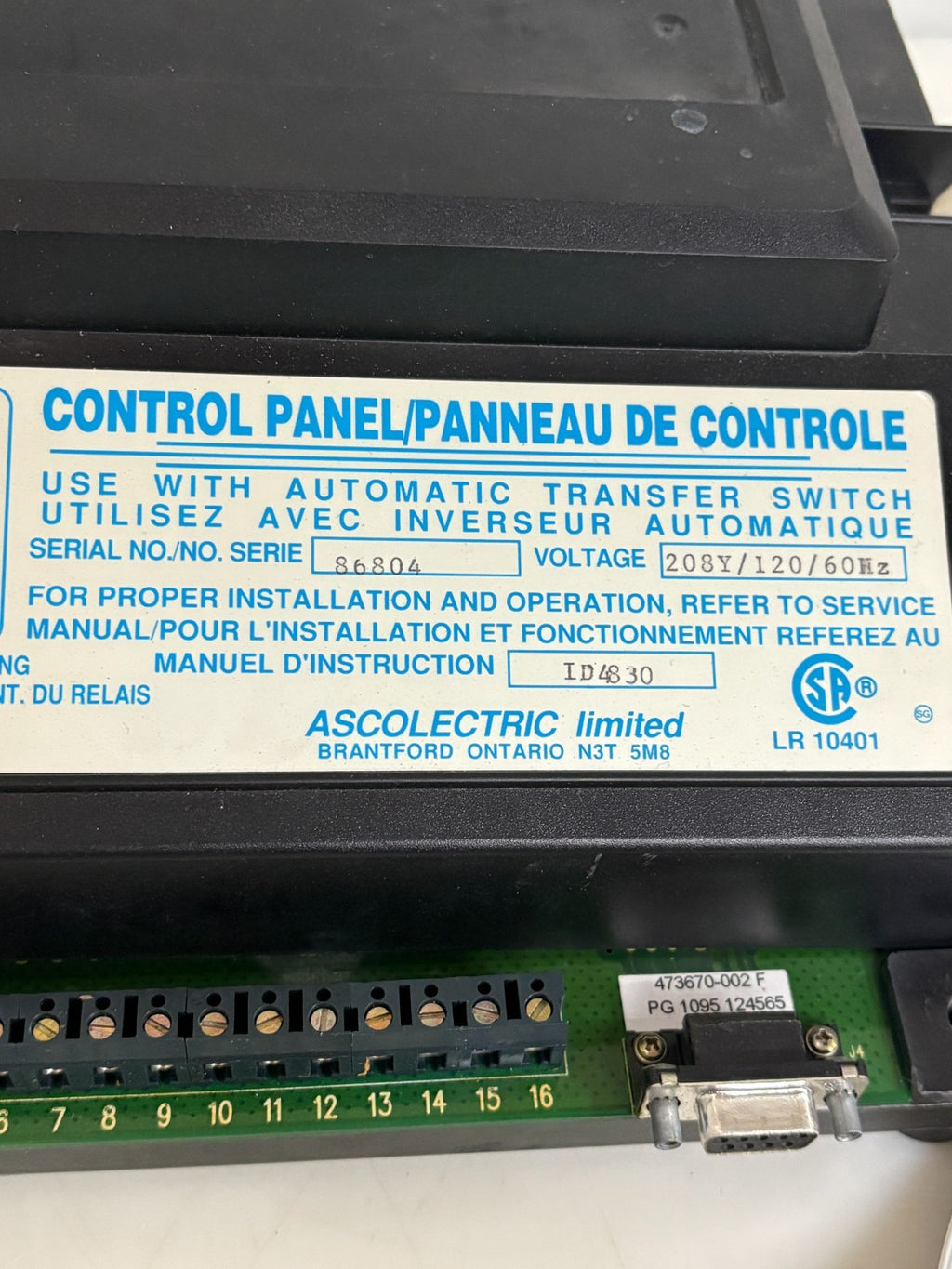 ASCOLECTRIC CONTROL PANEL ASCO 473668-002 J1