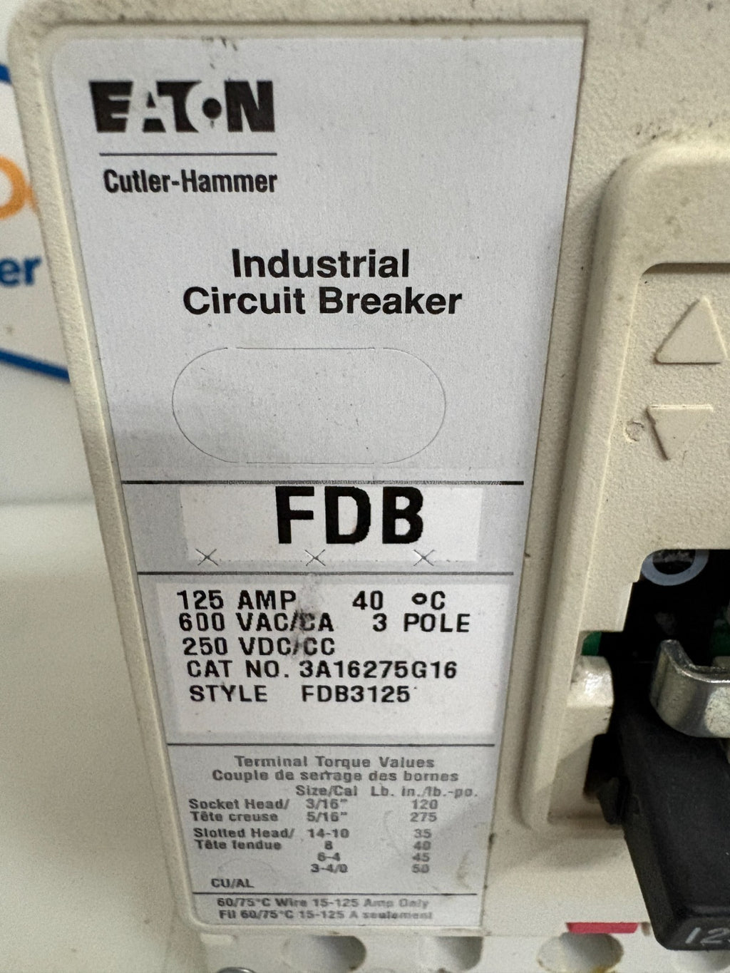 EATON CIRCUIT BREAKER 125 AMP 3A16275G16