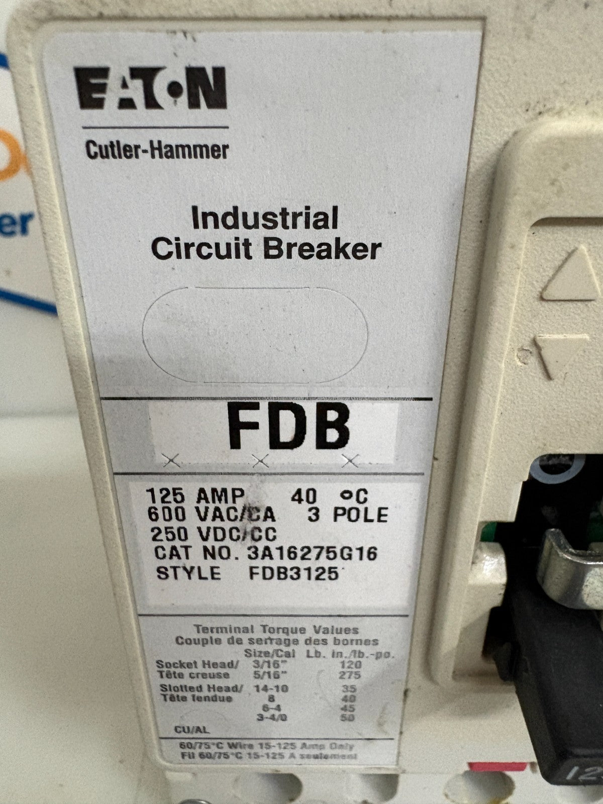 EATON CIRCUIT BREAKER 125 AMP 3A16275G16