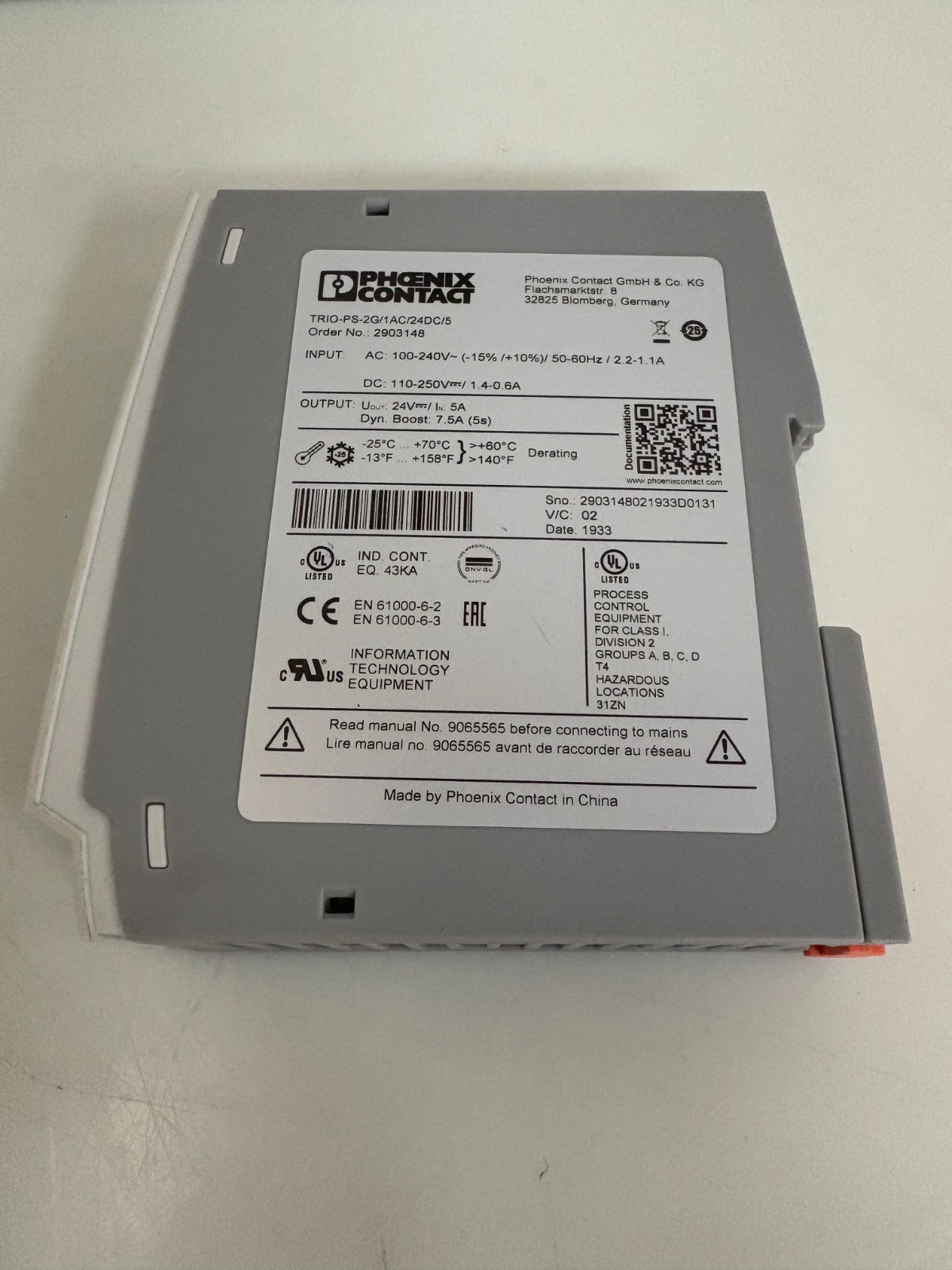 PHOENIX CONTACT POWER SUPPLY TRIO-PS-2G/1AC/24DC/5