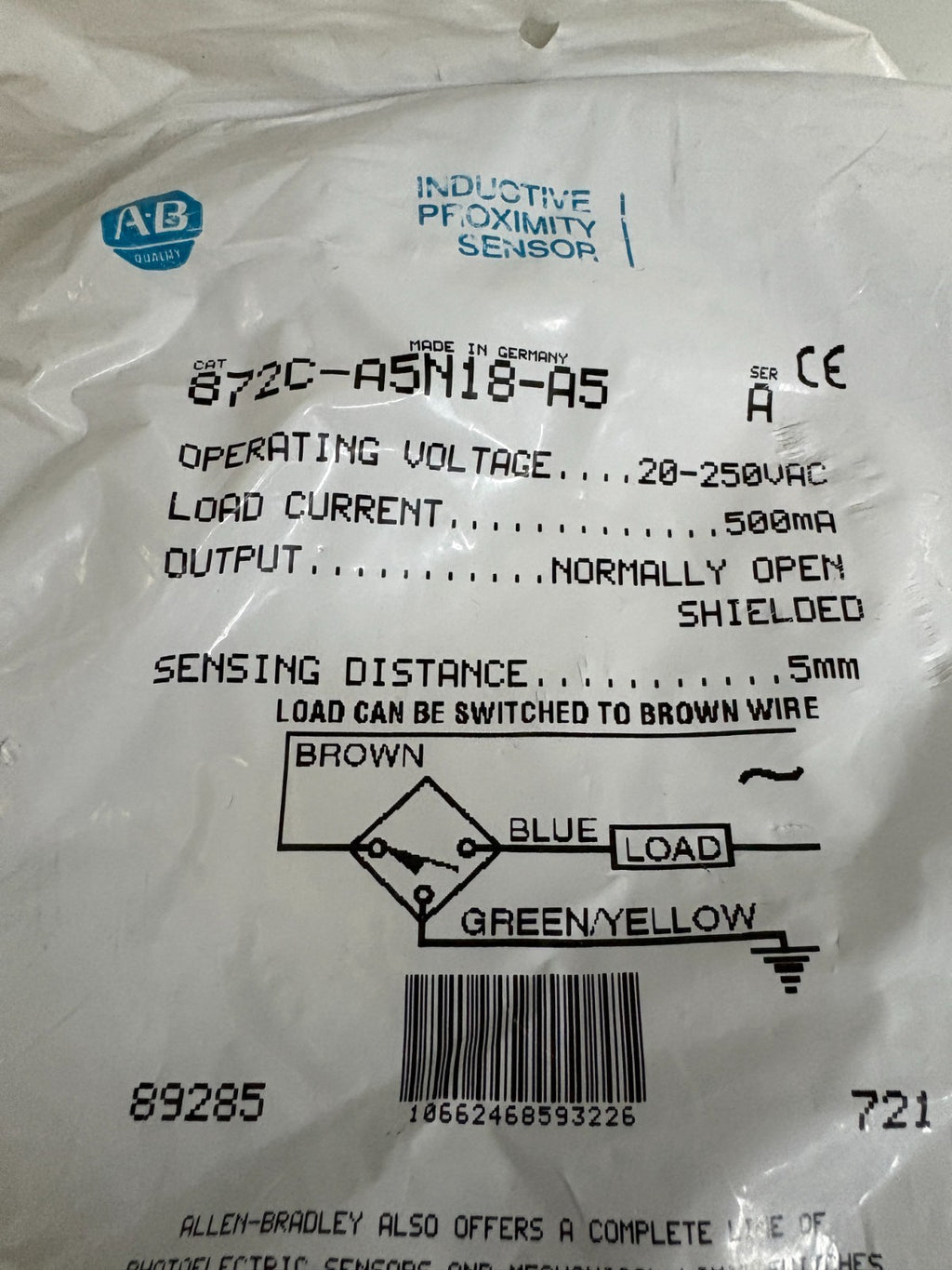 ALLEN BRADLEY INDUCTIVE PROXIMITY SENSOR 872C-A5N18-A5