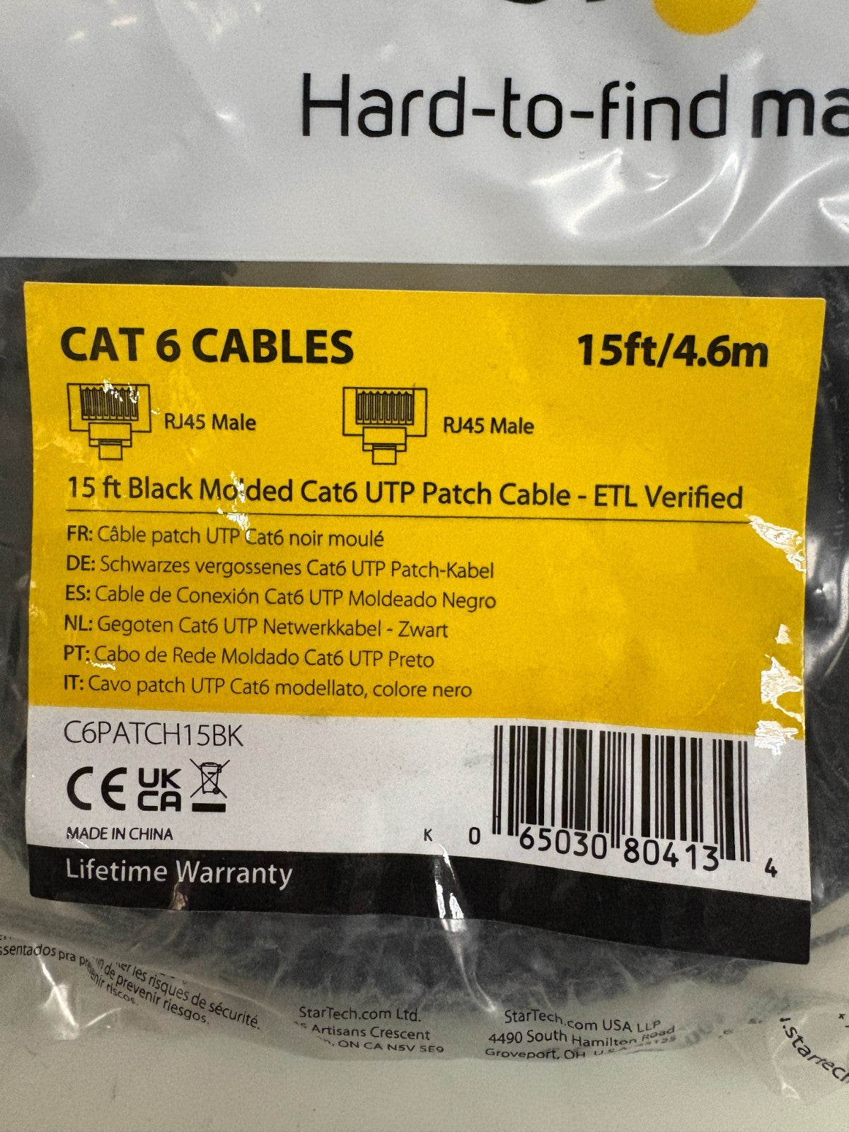 LOT OF 3 STARTECH 15' BLACK MOLDED CAT 6 UTP PATCH CABLE # C6PATCH15BK1