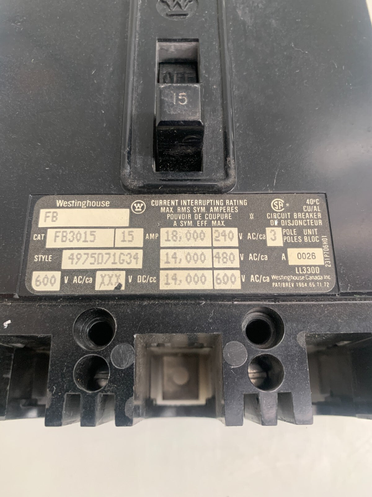 CUTLER HAMMER WESTINGHOUSE FB3015 CIRCUIT BREAKER 15 AMP 600V1